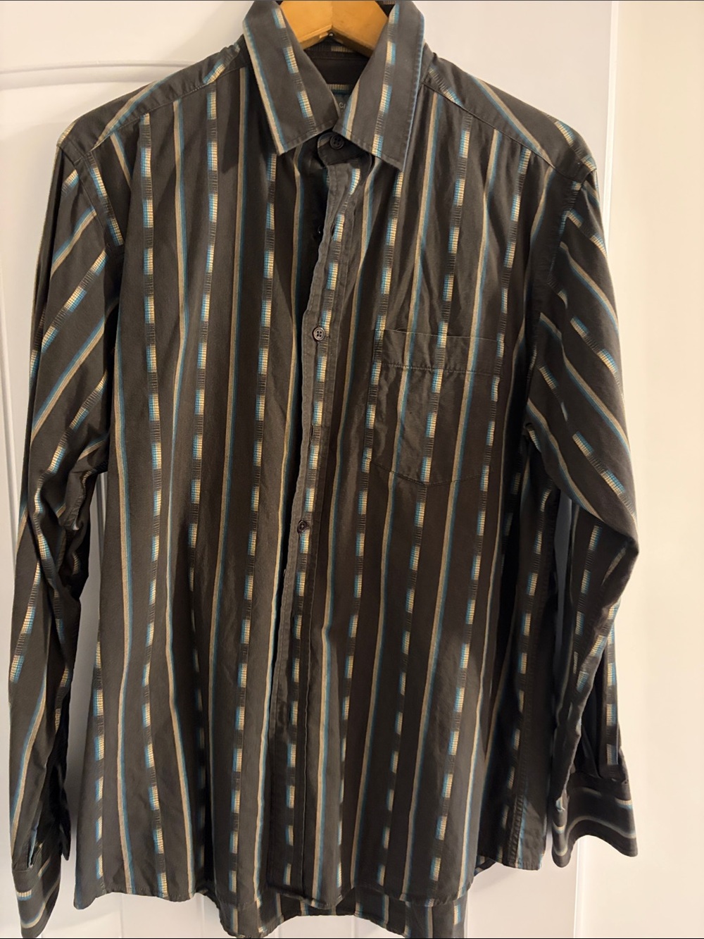 Pierre Cardin Men's Black Shirt with Teal & Gray Vertical Stripes
